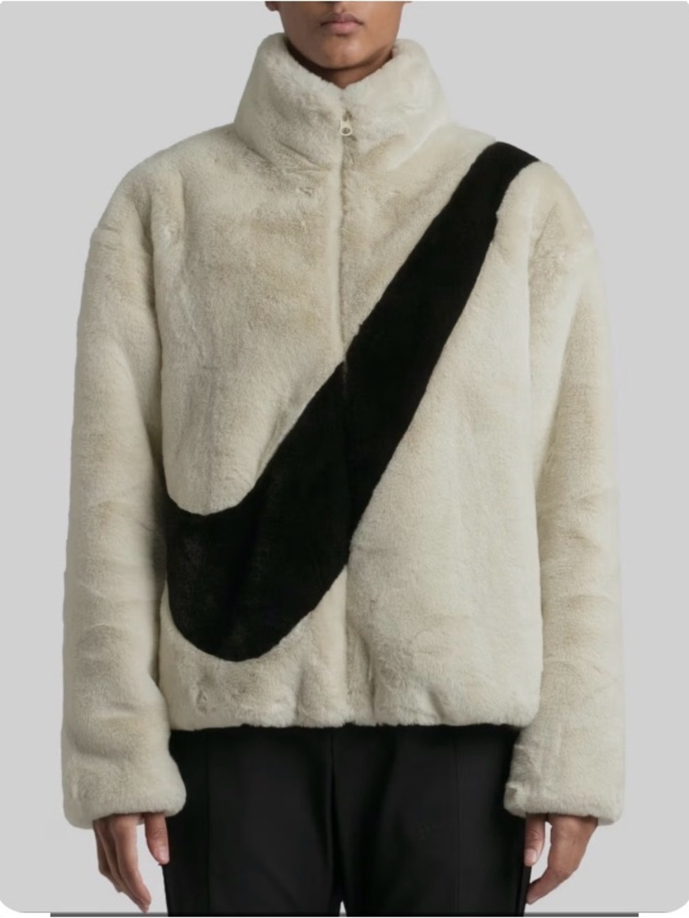 Nike Cream & Black Faux-Fur Zip Jacket with Bold Diagonal Accent